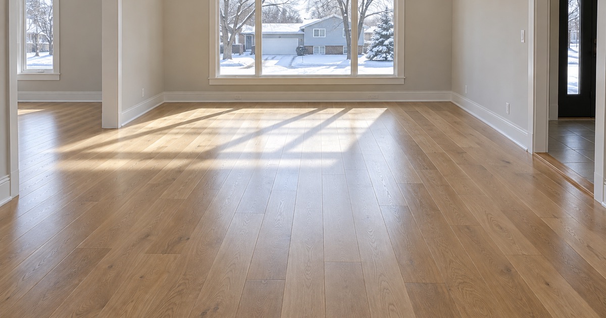 A finished white oak floor running the length of an empty Burnsville room, low winter light crossing the boards from a picture window.