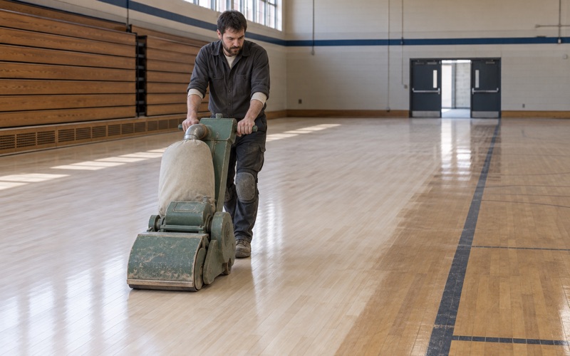 Operator running a belt sander across a maple gym floor in the Burnsville area, old game lines half cut away and bleachers folded flat against the wall.