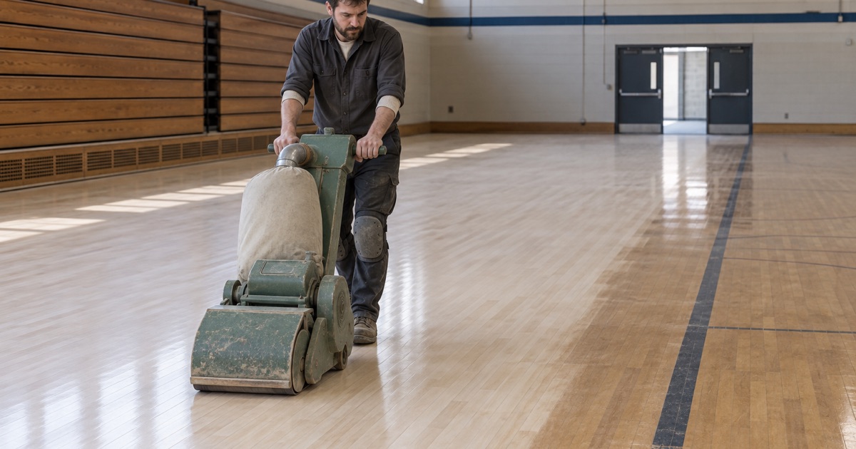 Operator running a belt sander across a maple gym floor in the Burnsville area, old game lines half cut away and bleachers folded flat against the wall.