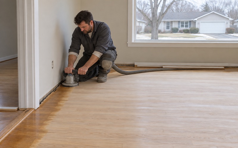 Worker running an edger along the perimeter of a Burnsville living room where the field of the red oak floor has already been cut back to bare wood.