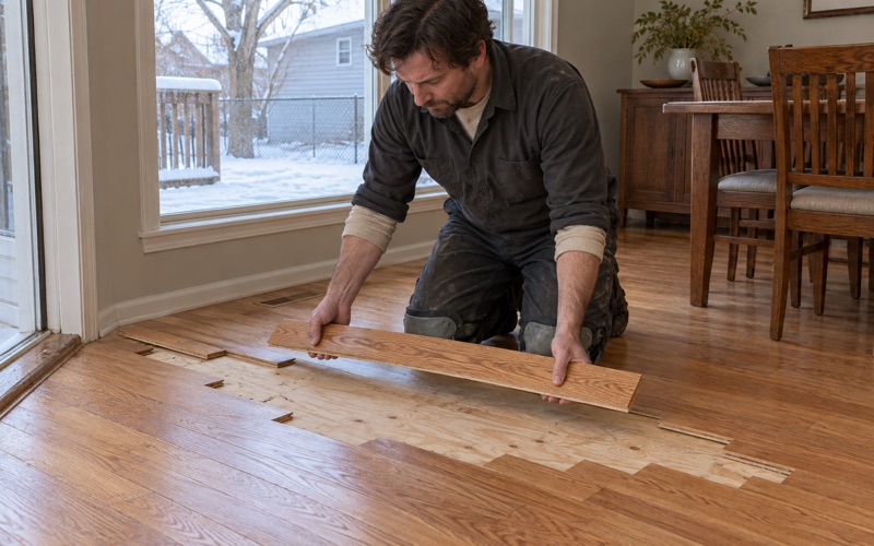 Carpenter lowering a cut oak plank into a laced-in repair in a Burnsville floor, the new boards staggered into the old rather than cut as a block.