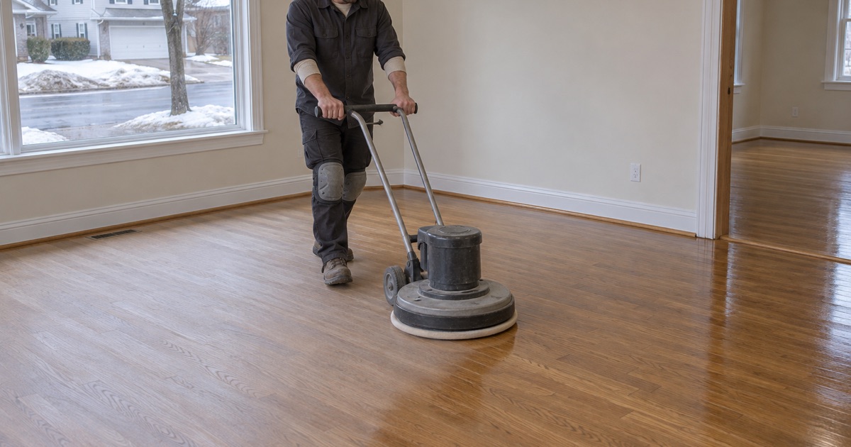 Operator running a buffer across a white oak floor in a Burnsville house during a screen and recoat, the sheen breaking evenly ahead of the machine.