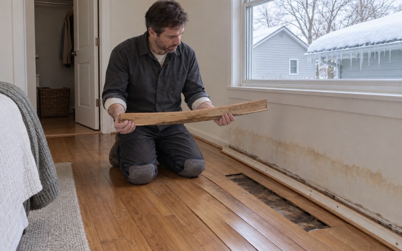 Restorer holding a cupped oak board taken out of a Burnsville floor below an ice-dam stain, the boards on either side still crowned up along the outside wall.
