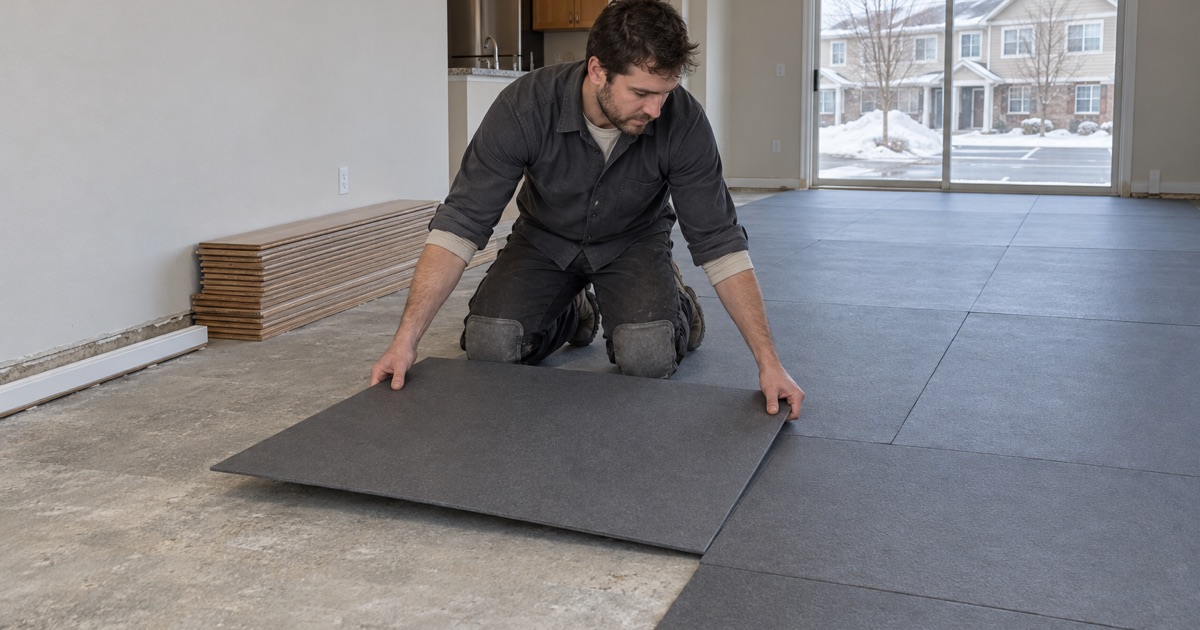 Installer setting an acoustic underlayment panel across the floor of an Apple Valley townhome before engineered oak goes down over it.