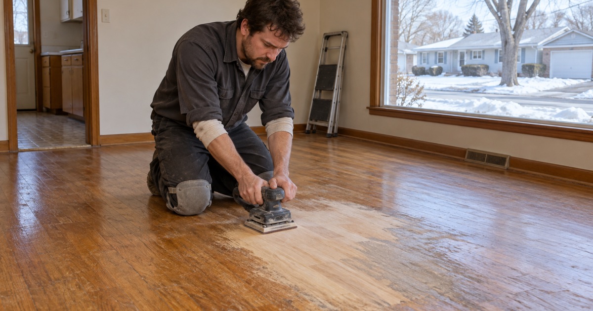Worker cutting back a worn area of a Bloomington rambler floor with an orbital sander ahead of a time-of-sale listing, the rest of the room still carrying its old finish.