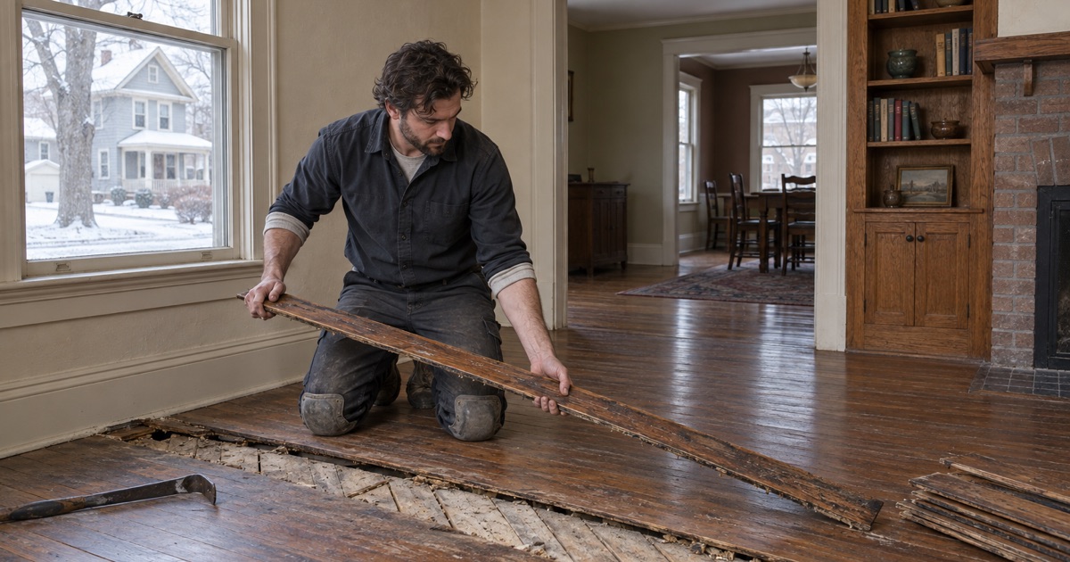 Worker lifting a split strip oak board in a nineteenth-century Carver house, the board subfloor running diagonally underneath.
