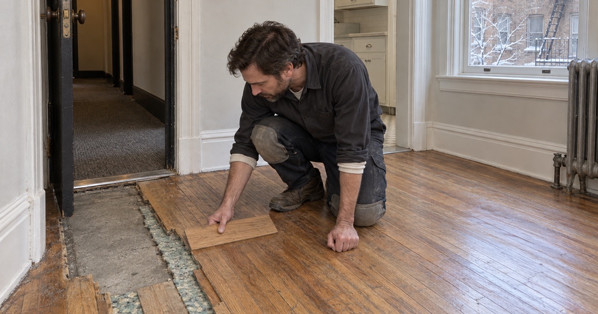 Worker comparing new oak against the laid floor of a Cedar-Riverside unit, the acoustic underlayment visible in the open run.