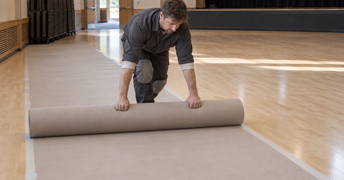 Worker rolling protective covering across a maple performance floor in a Chanhassen venue between an event and the floor work.
