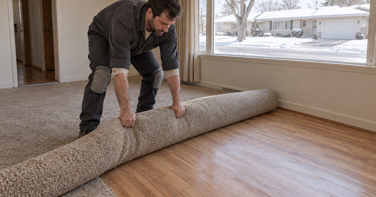 Worker rolling carpet back off the original strip oak in a Cottage Grove ranch house, the recovered boards showing under it.