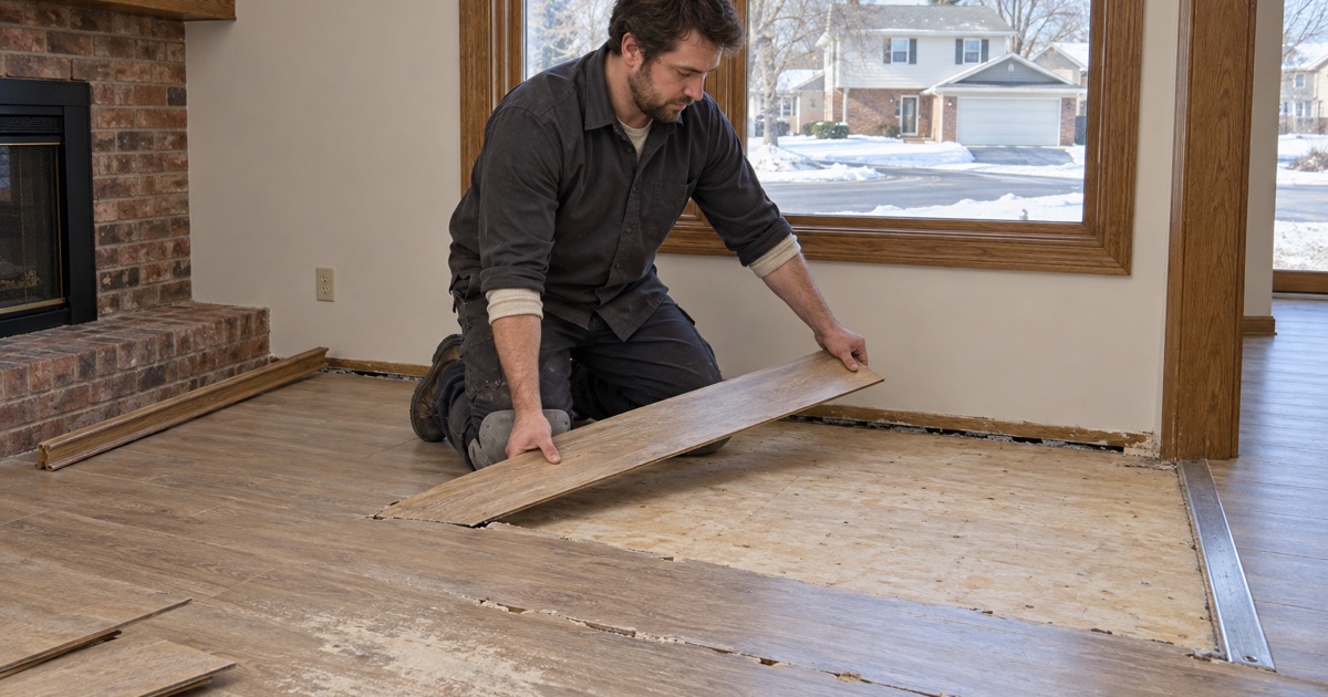 Worker raising a laminate plank clear of the plywood subfloor in an Eagan house, the 1980s floor around it worn through at the edges.