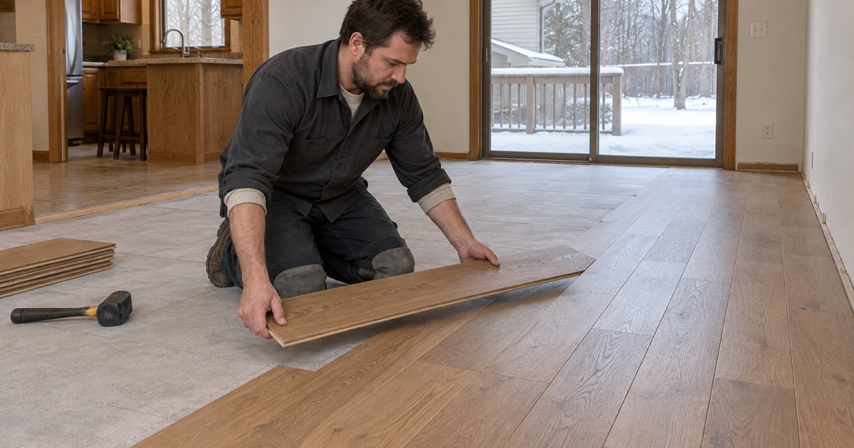 Installer lowering an engineered oak plank onto laid underlayment in an Eden Prairie twin home, the run advancing toward a sliding door.