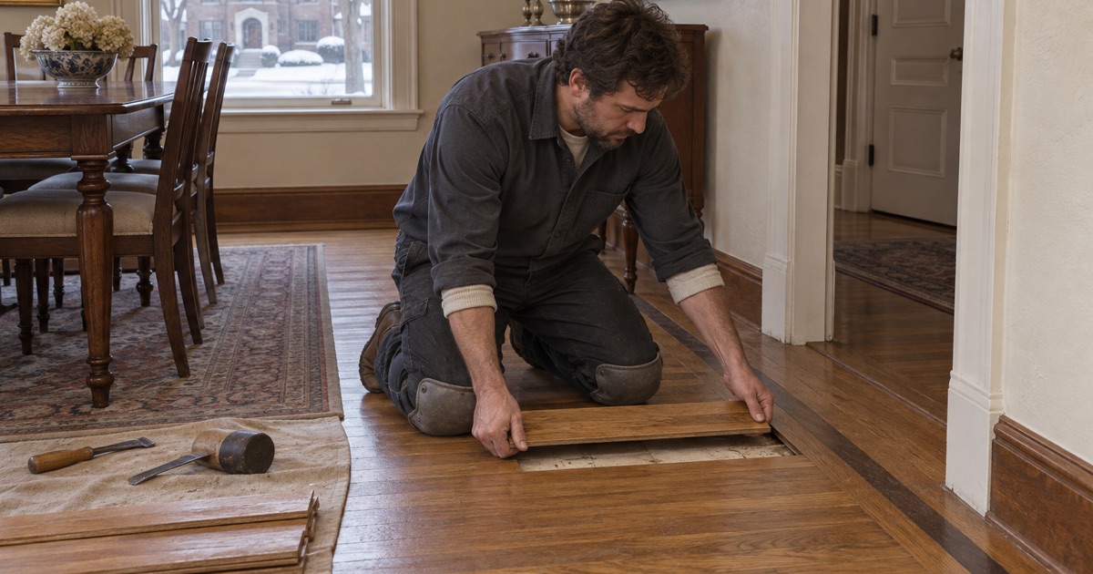 Restorer fitting a matched patch board into a bordered oak floor in an Edina Country Club District house, the surrounding pattern running unbroken.