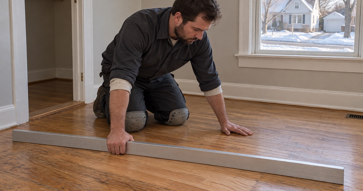 Technician laying a straightedge across a repaired area of a Richfield floor for a re-inspection, the new boards sitting level with the old.