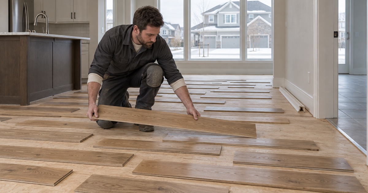 Worker racking prefinished oak out across the subfloor of a Rosemount house, extending the original builder package into rooms the allowance skipped.