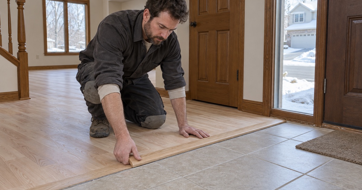 Worker setting a new oak reducer at the entry of a 1990s Savage house during its first full sand and refinish.