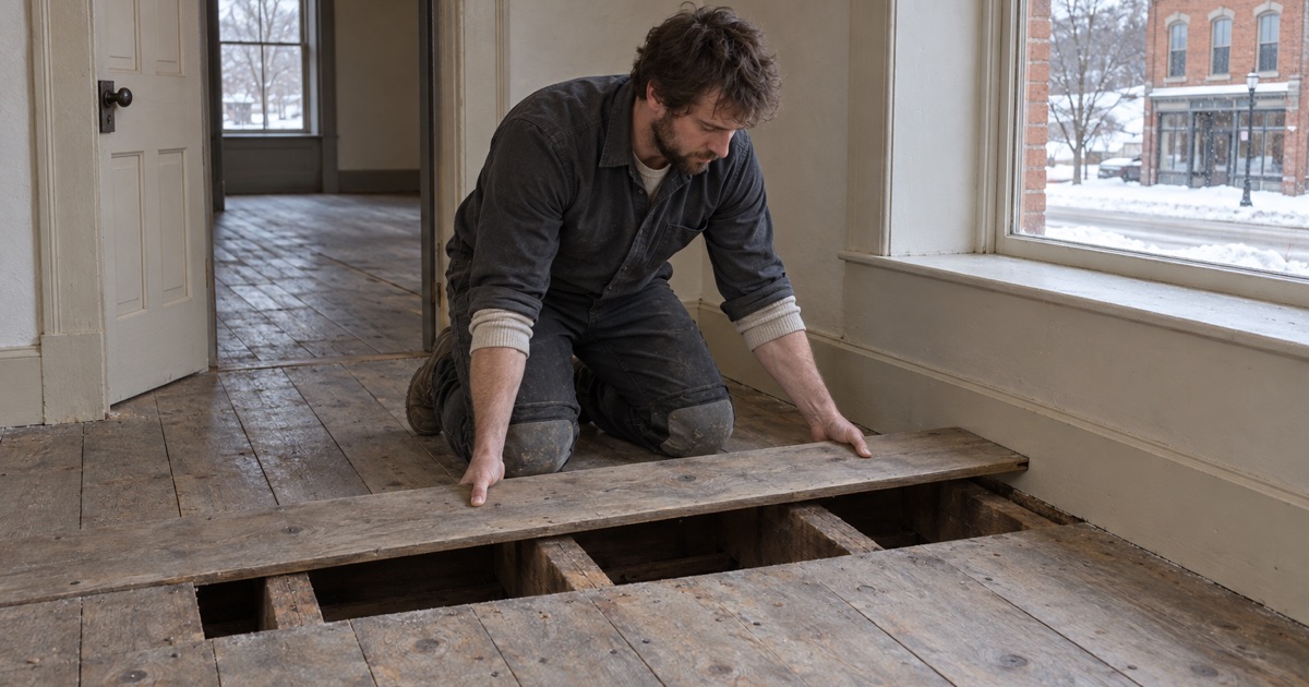 Worker easing a wide pine plank down into a floor in an 1860s brick house in the Shakopee river plat, the old boards running to a plain baseboard.