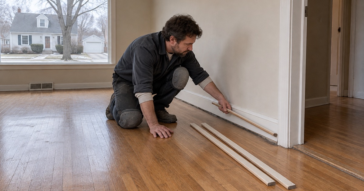 Worker taking a length of shoe molding off the baseboard of a St. Louis Park rambler before the oak floor is sanded.
