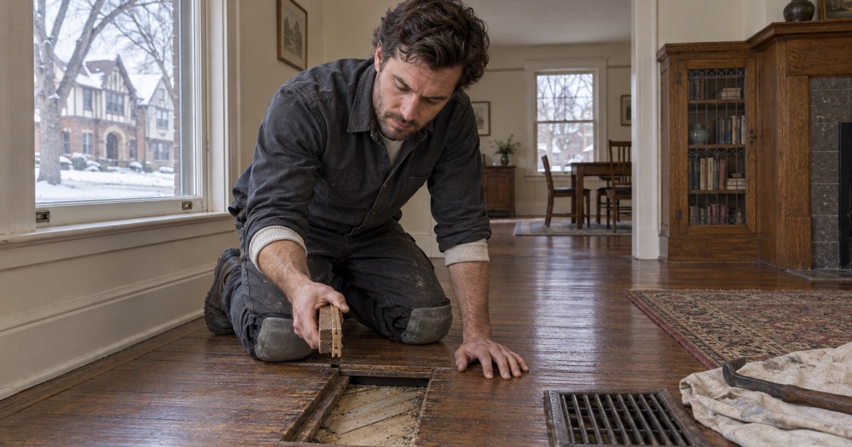 Worker in a pre-war Saint Paul house holding the cut end of a board taken up at a register opening, showing how much wear layer is left above the tongue.